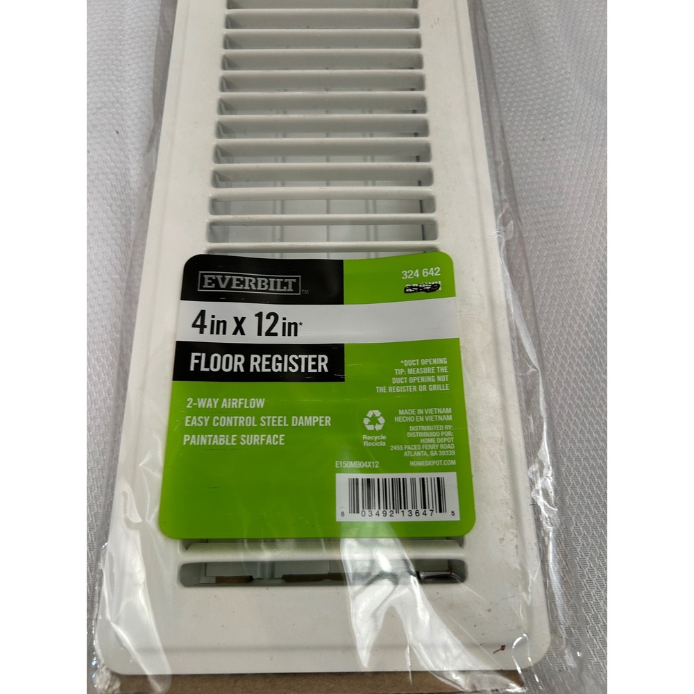 Everbilt Floor Register 4x12 White Steel 2-Way Airflow Damper E150MB04X12